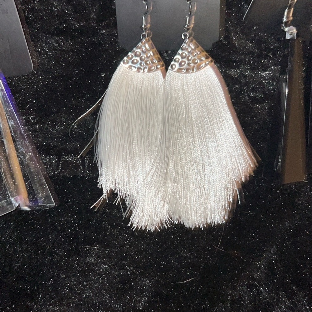 Silver and White Statement Tassel Earrings